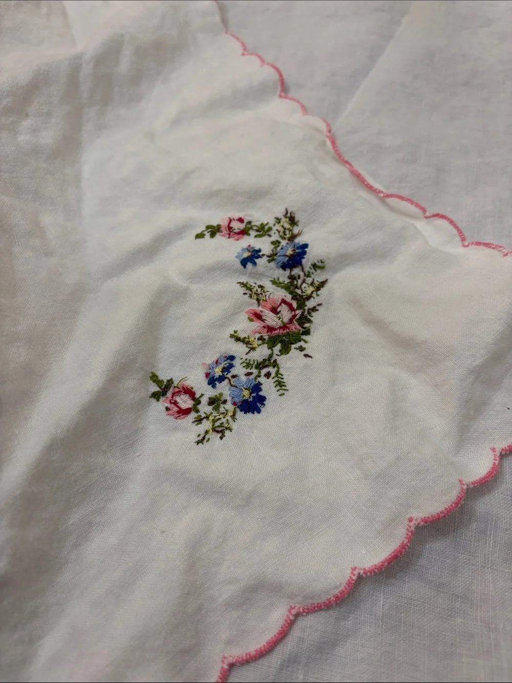 Vintage White Embroidered Linen Tablecloth with Pink Scalloped Edge